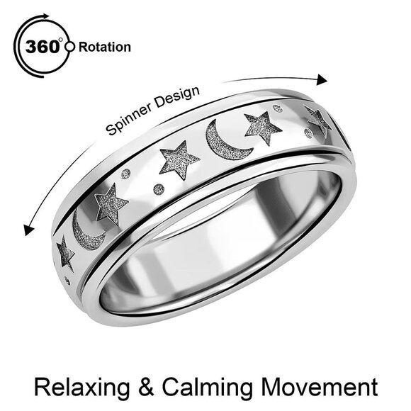 Moon Star Spinner Ring ✦ Platinum Over Sterling Silver Band ✦ Celestial Design 7 - Picture 3 of 6